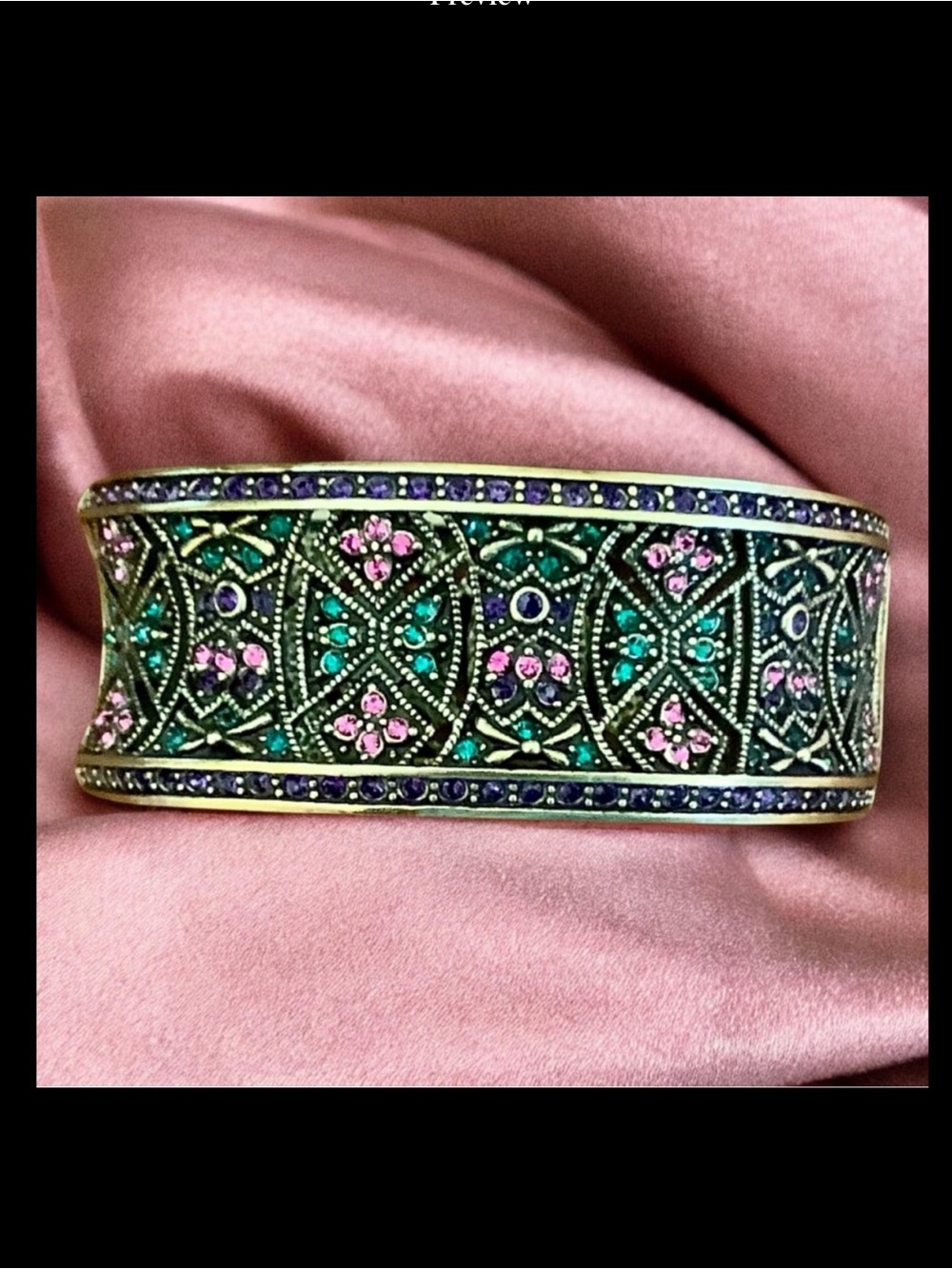 Heidi Daus Ornate Pink and Green Swarovski Crystal Cuff Bracelet . NWOT.
